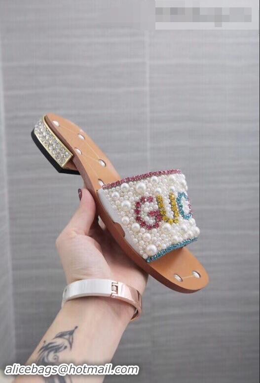 Luxury Cheap Gucci Guccy Pearl Slide Sandals 930701 White With Crystal Heel 2019