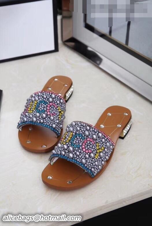 Hot Sell Gucci Guccy Pearl Slide Sandals 930703 Gray With Crystal Heel 2019