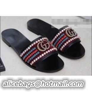 Top Design Gucci Velvet Slide Sandals With Crystals 525366 Burgundy 2019