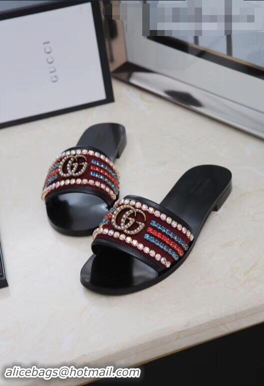 Top Design Gucci Velvet Slide Sandals With Crystals 525366 Burgundy 2019