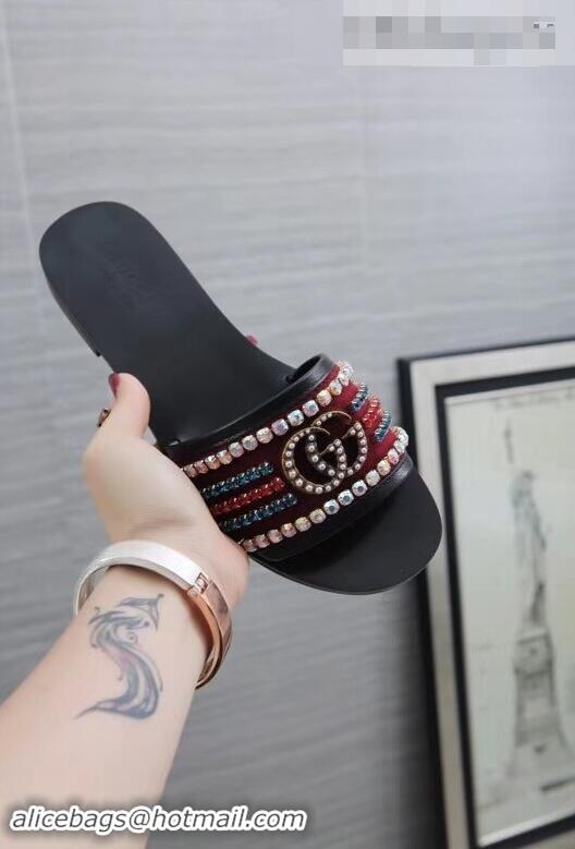 Top Design Gucci Velvet Slide Sandals With Crystals 525366 Burgundy 2019