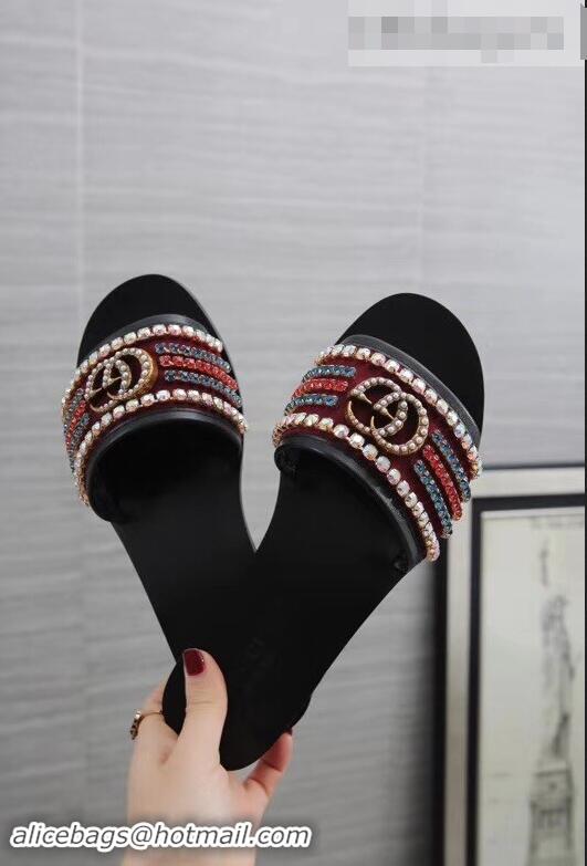 Top Design Gucci Velvet Slide Sandals With Crystals 525366 Burgundy 2019