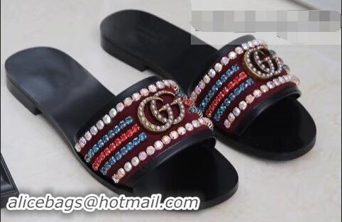 Top Design Gucci Velvet Slide Sandals With Crystals 525366 Burgundy 2019