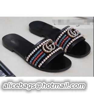 Charming Gucci Velvet Slide Sandals With Crystals 525366 Black 2019