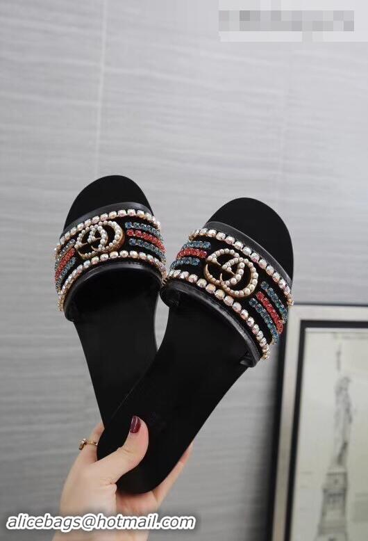 Charming Gucci Velvet Slide Sandals With Crystals 525366 Black 2019