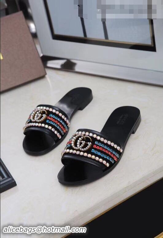 Charming Gucci Velvet Slide Sandals With Crystals 525366 Black 2019