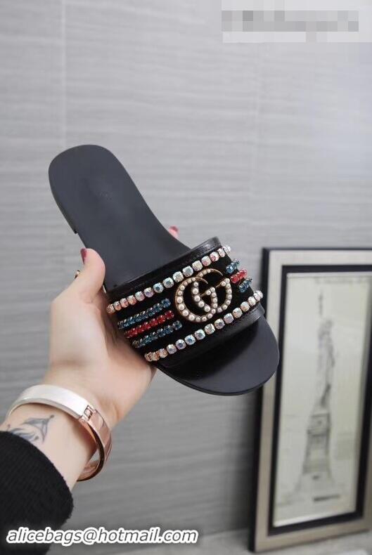 Charming Gucci Velvet Slide Sandals With Crystals 525366 Black 2019