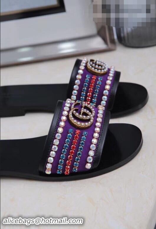 Pretty Style Gucci Velvet Slide Sandals With Crystals 525366 Purple 2019