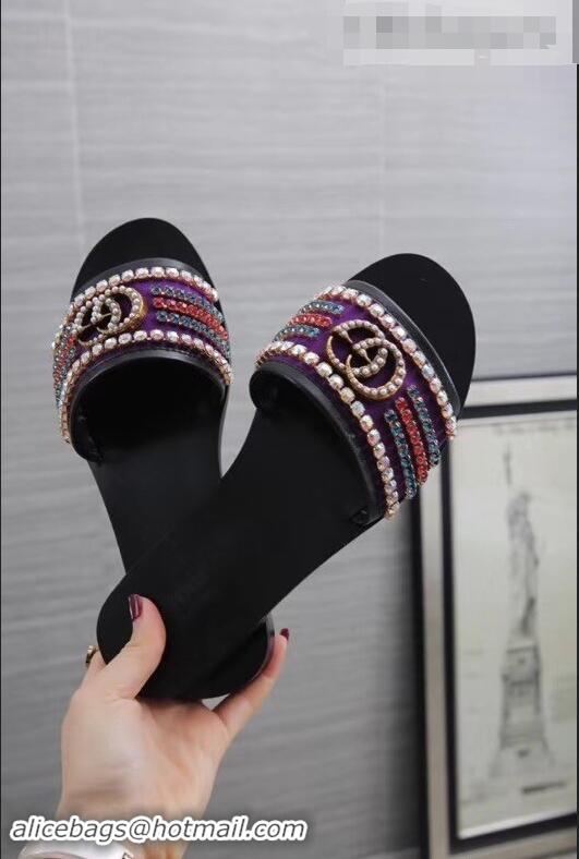 Pretty Style Gucci Velvet Slide Sandals With Crystals 525366 Purple 2019