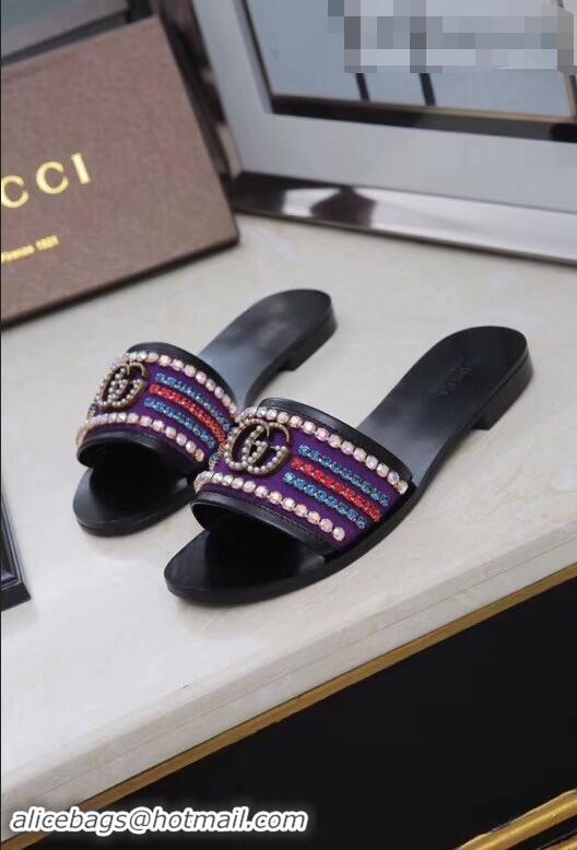 Pretty Style Gucci Velvet Slide Sandals With Crystals 525366 Purple 2019