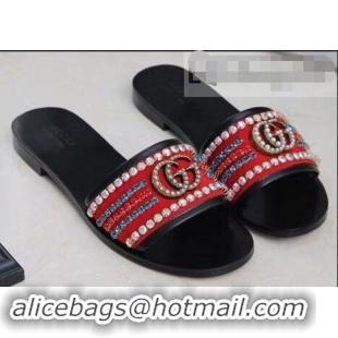 Best Grade Gucci Velvet Slide Sandals With Crystals 525366 Red 2019