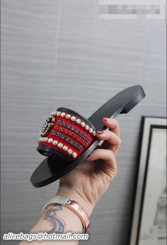 Best Grade Gucci Velvet Slide Sandals With Crystals 525366 Red 2019