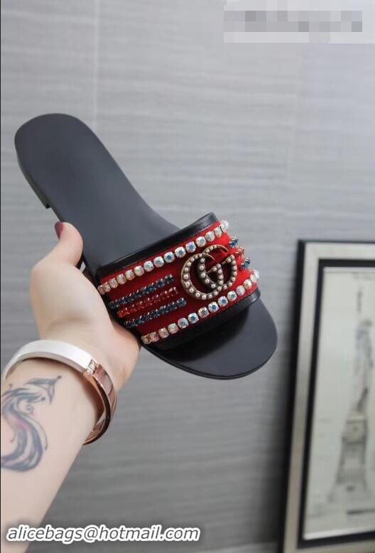 Best Grade Gucci Velvet Slide Sandals With Crystals 525366 Red 2019