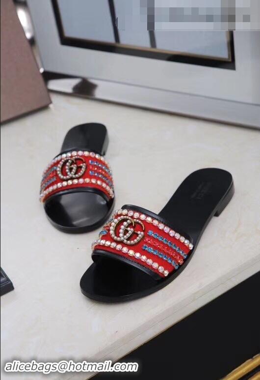 Best Grade Gucci Velvet Slide Sandals With Crystals 525366 Red 2019