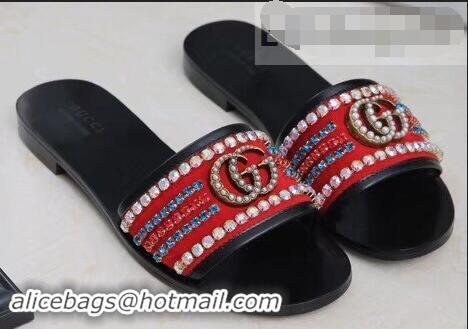 Best Grade Gucci Velvet Slide Sandals With Crystals 525366 Red 2019