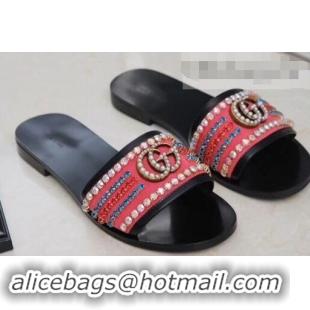 Low Price Gucci Velvet Slide Sandals With Crystals 525366 Dark Pink 2019