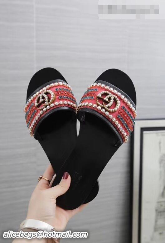 Low Price Gucci Velvet Slide Sandals With Crystals 525366 Dark Pink 2019