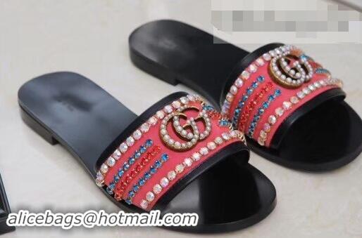 Low Price Gucci Velvet Slide Sandals With Crystals 525366 Dark Pink 2019