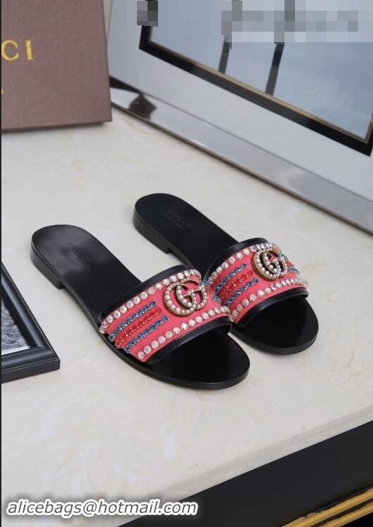 Low Price Gucci Velvet Slide Sandals With Crystals 525366 Dark Pink 2019