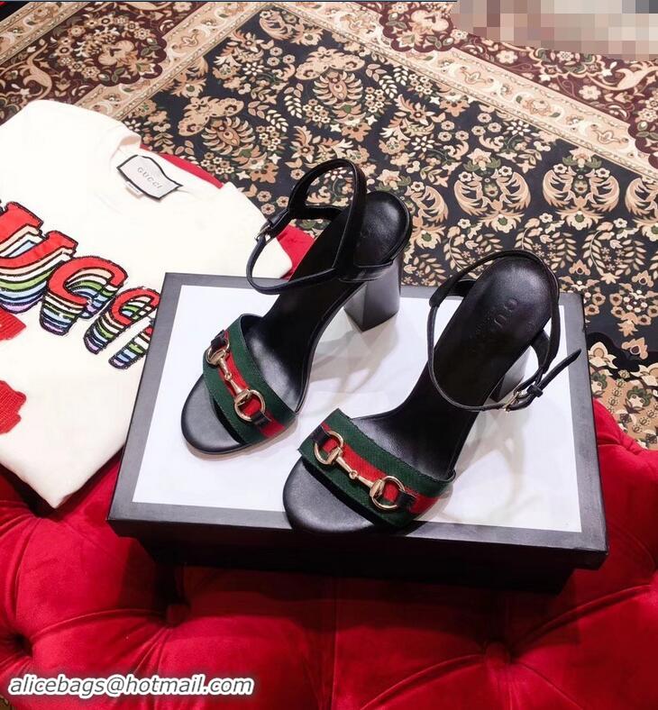 Purchase Gucci Heel 6.5cm/10.5cm Web Horsebit Fabric and Leather Sandals 931316 Black 2019