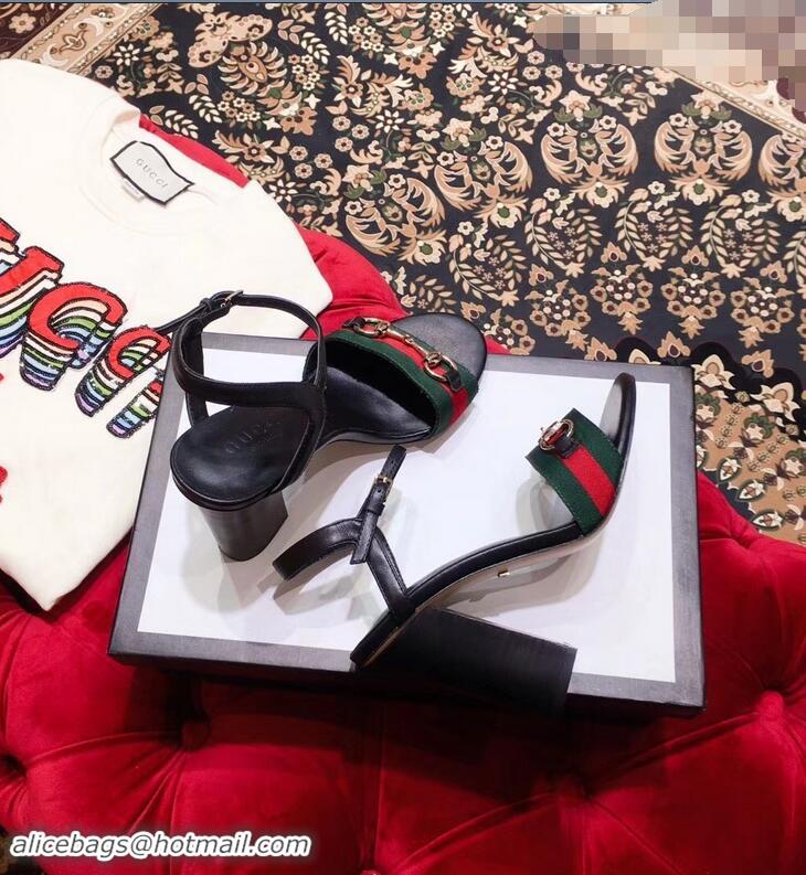 Purchase Gucci Heel 6.5cm/10.5cm Web Horsebit Fabric and Leather Sandals 931316 Black 2019