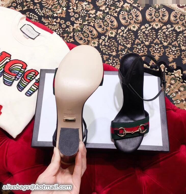 Purchase Gucci Heel 6.5cm/10.5cm Web Horsebit Fabric and Leather Sandals 931316 Black 2019