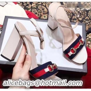 Duplicate Gucci Heel 6.5cm/10.5cm Web Horsebit Fabric and Leather Sandals 931317 White 2019