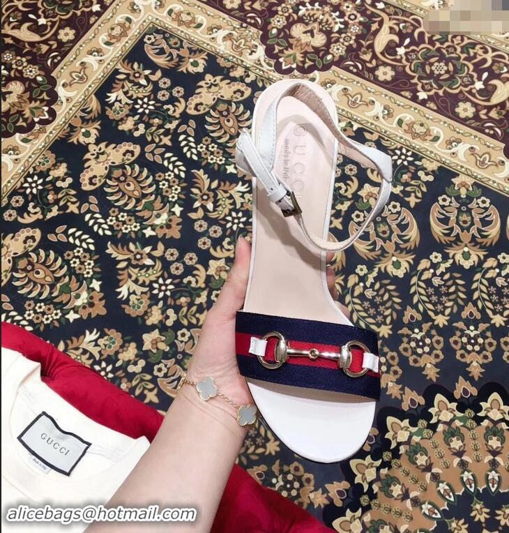 Duplicate Gucci Heel 6.5cm/10.5cm Web Horsebit Fabric and Leather Sandals 931317 White 2019