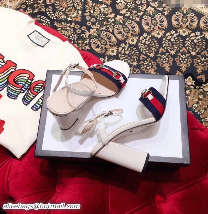 Duplicate Gucci Heel 6.5cm/10.5cm Web Horsebit Fabric and Leather Sandals 931317 White 2019