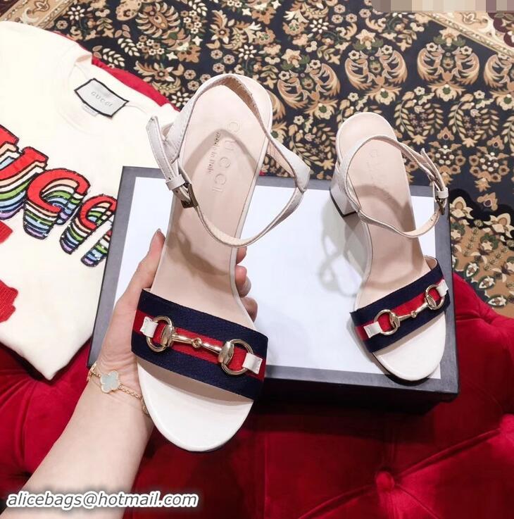 Duplicate Gucci Heel 6.5cm/10.5cm Web Horsebit Fabric and Leather Sandals 931317 White 2019