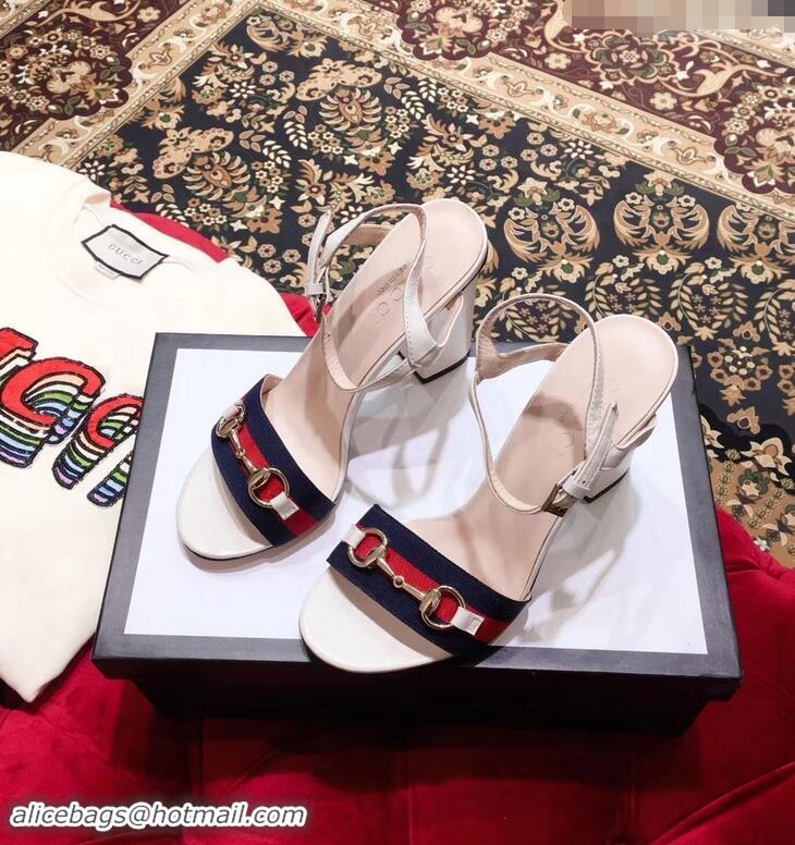 Duplicate Gucci Heel 6.5cm/10.5cm Web Horsebit Fabric and Leather Sandals 931317 White 2019