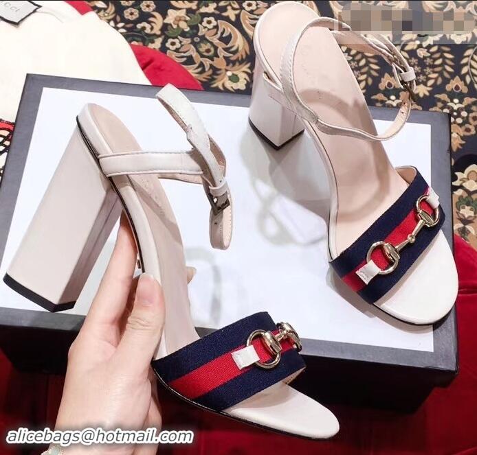 Duplicate Gucci Heel 6.5cm/10.5cm Web Horsebit Fabric and Leather Sandals 931317 White 2019