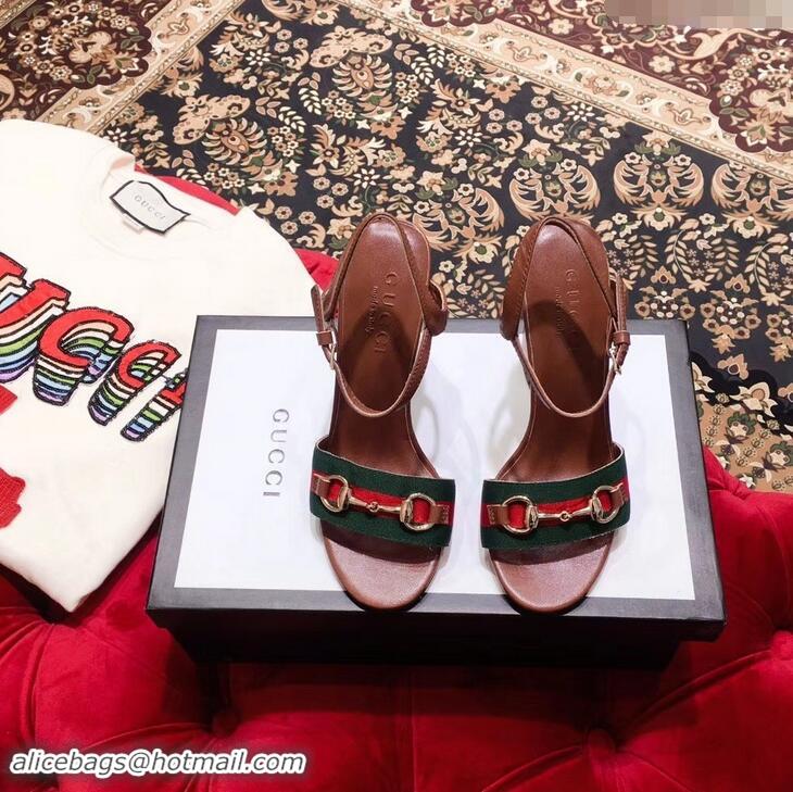 Useful Gucci Heel 6.5cm/10.5cm Web Horsebit Fabric and Leather Sandals 931318 Brown 2019