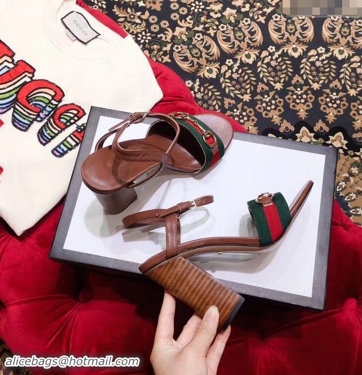 Useful Gucci Heel 6.5cm/10.5cm Web Horsebit Fabric and Leather Sandals 931318 Brown 2019