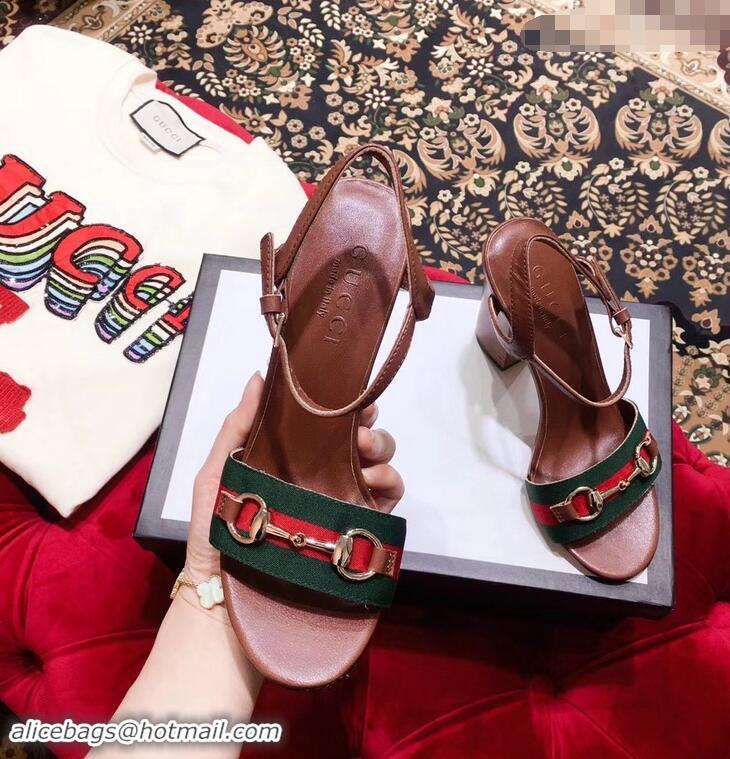 Useful Gucci Heel 6.5cm/10.5cm Web Horsebit Fabric and Leather Sandals 931318 Brown 2019