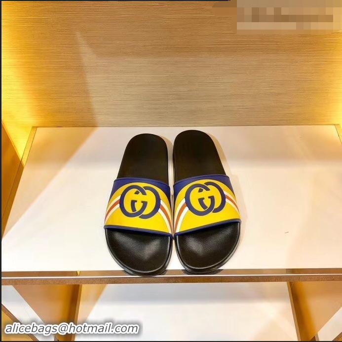 Good Quality Gucci Rainbow and GG Print 932511 Yellow/Blue Slides 2019