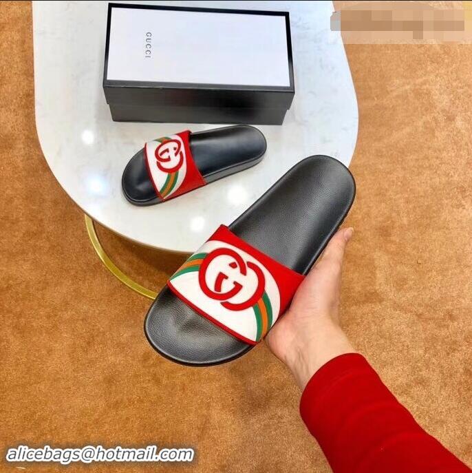 Low Cost Gucci Rainbow and GG Print 932512 White/Red Slides 2019