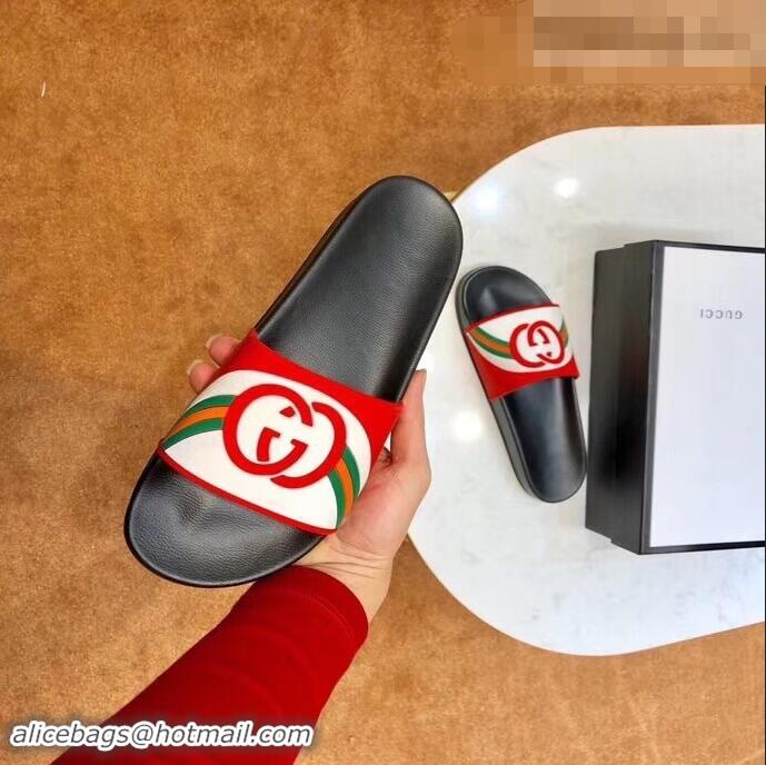 Low Cost Gucci Rainbow and GG Print 932512 White/Red Slides 2019