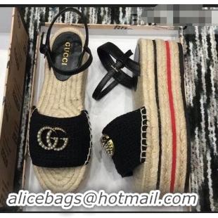 Hot Sell Gucci Crochet Espadrilles Sandals 932501 Black With Pearls Double G 2019