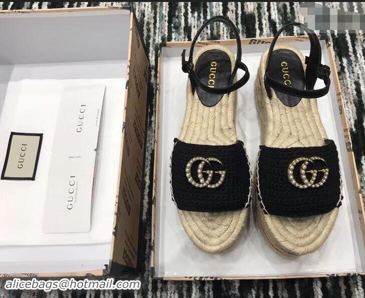 Hot Sell Gucci Crochet Espadrilles Sandals 932501 Black With Pearls Double G 2019