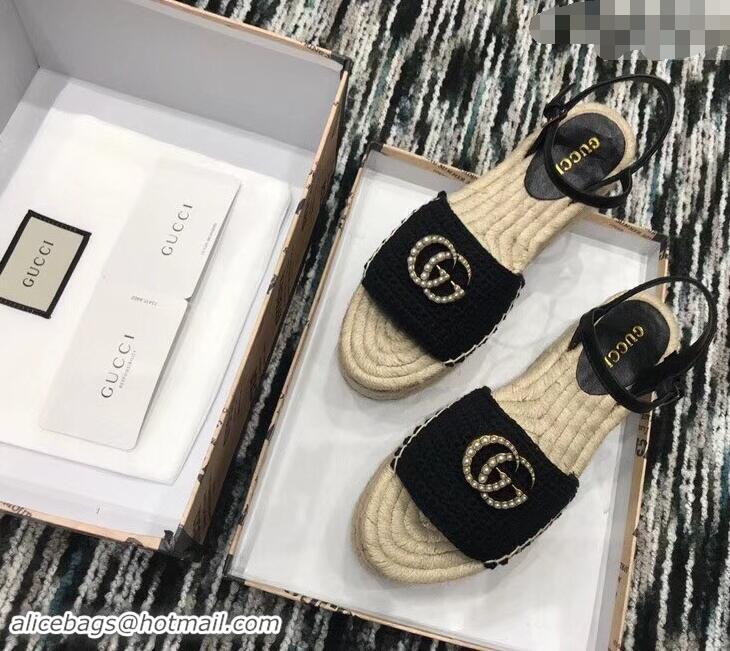 Hot Sell Gucci Crochet Espadrilles Sandals 932501 Black With Pearls Double G 2019