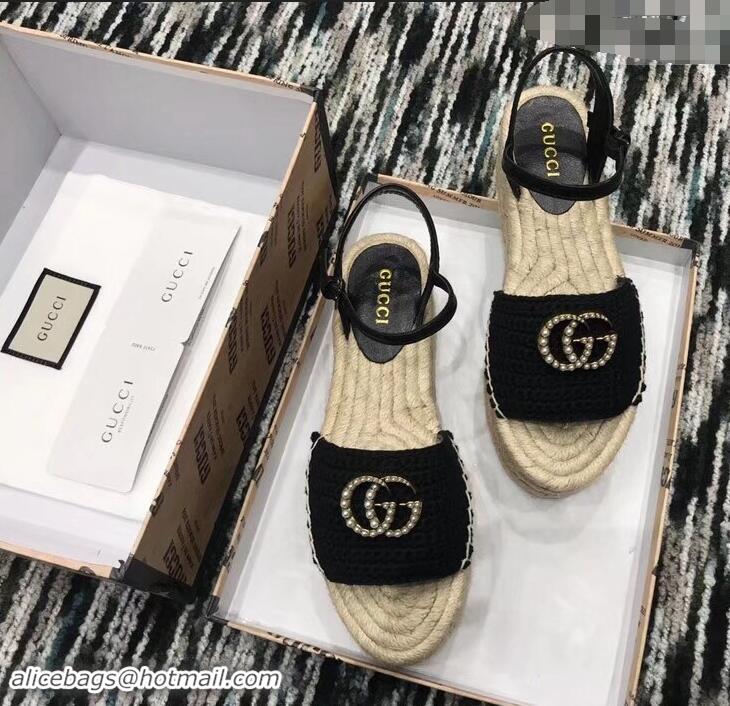 Hot Sell Gucci Crochet Espadrilles Sandals 932501 Black With Pearls Double G 2019