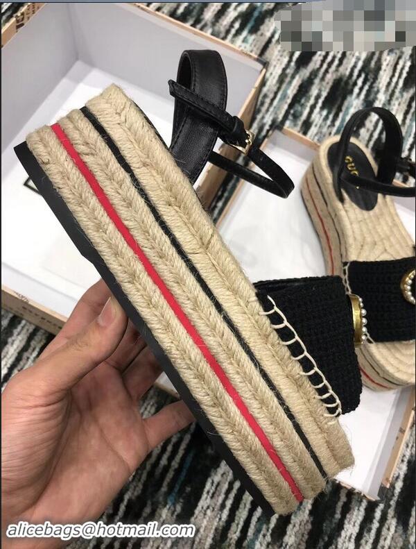 Hot Sell Gucci Crochet Espadrilles Sandals 932501 Black With Pearls Double G 2019