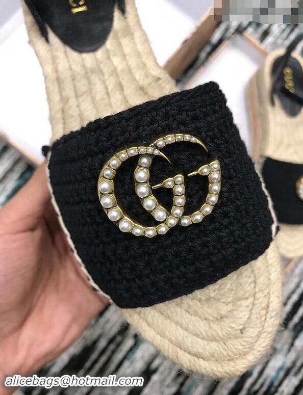 Hot Sell Gucci Crochet Espadrilles Sandals 932501 Black With Pearls Double G 2019