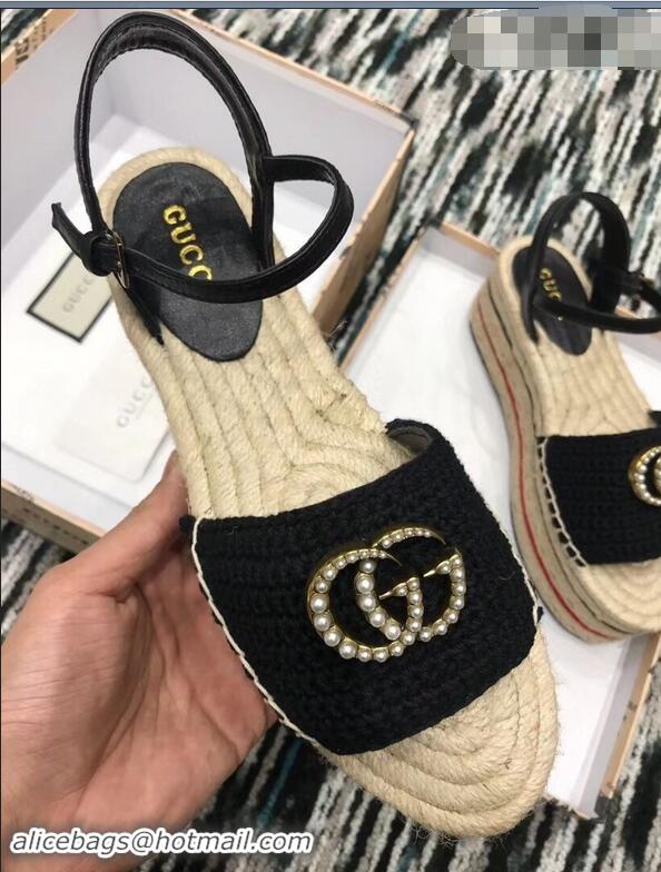 Hot Sell Gucci Crochet Espadrilles Sandals 932501 Black With Pearls Double G 2019