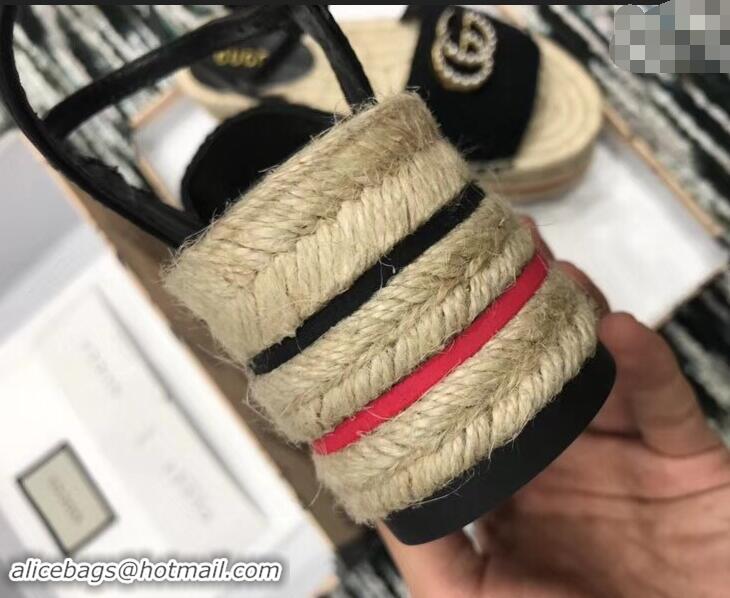 Hot Sell Gucci Crochet Espadrilles Sandals 932501 Black With Pearls Double G 2019