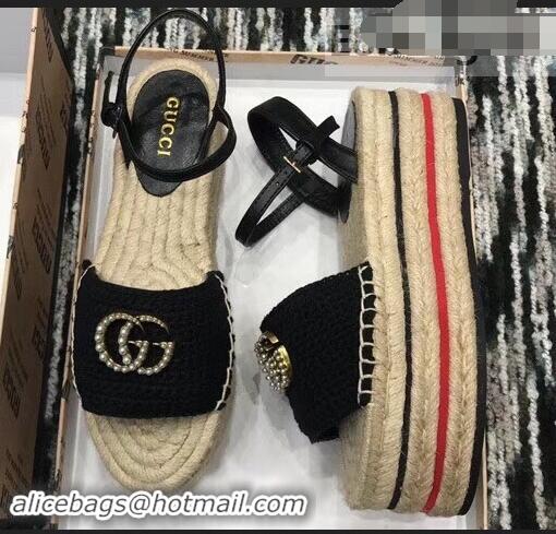 Hot Sell Gucci Crochet Espadrilles Sandals 932501 Black With Pearls Double G 2019