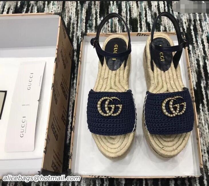 Good Quality Gucci Crochet Espadrilles Sandals 932502 Navy Blue With Pearls Double G 2019