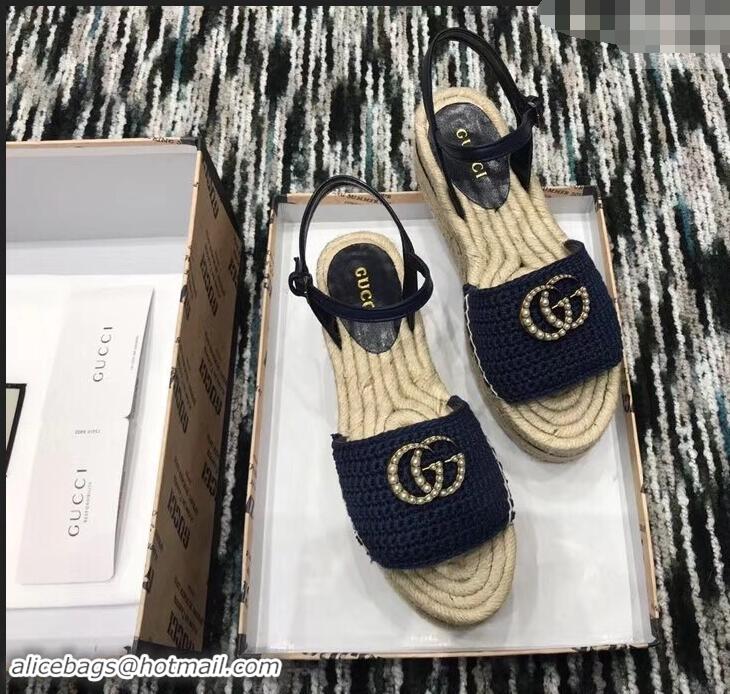 Good Quality Gucci Crochet Espadrilles Sandals 932502 Navy Blue With Pearls Double G 2019