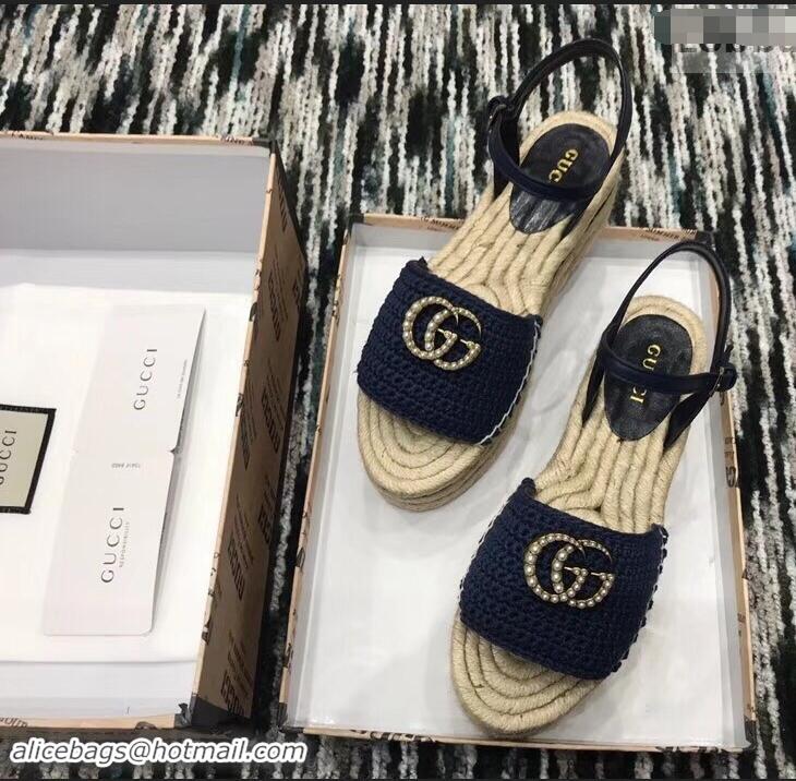 Good Quality Gucci Crochet Espadrilles Sandals 932502 Navy Blue With Pearls Double G 2019